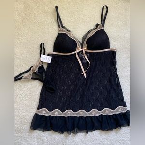 Linea Donatella Black Sheer Floral Lace Slip Dress and Matching Thong NWT